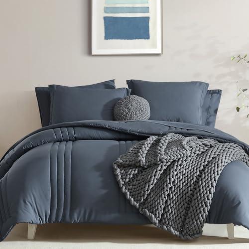 Monbix Full Size Comforter Set - 7 Pieces Blue Grey Bed in a Bag Full Size Bedding Sets with Comforters, All Seasons Comforter with Sheets, Pillowcases & Shams