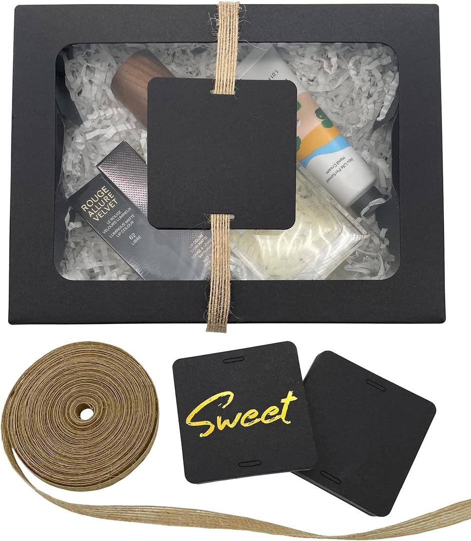 Gusisia 24 Pack Cookie Boxes with Window, Black 8" x 6" x 2.5" Backey Box for Gift Giving Cupcakes Pastry Dessert Packing Plus Tags and Linen Ribbon