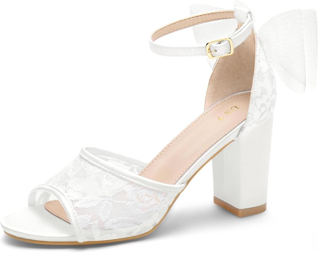 Perphy Lace Open Toe Bow Ankle Strap Block Heel Sandals for Women (8, White)