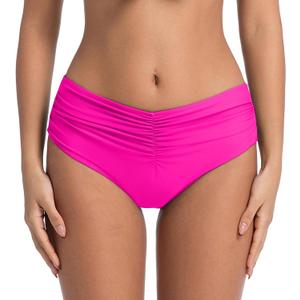 COCOPEAR Mid Rise Bathing Suit Bottoms for Women Ruched Tummy Control Swim Bottoms Full Coverage Bikini Bottoms for Women, Pink, M