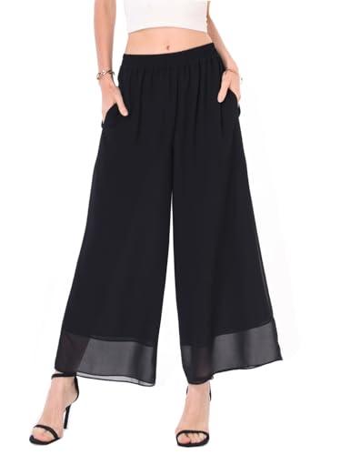heipeiwa Women's Capris Crop Chiffon Pants Summer Beach Vacation Culottes Casual Dress Wide Leg Palazzo Pants Black, Size: XXS