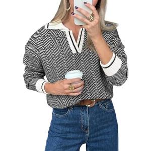 Saodimallsu Womens Fall Sweaters Tops Lapel V Neck Knit Sweater Color Block Long Sleeve Casual Soft Pullover Shirt
