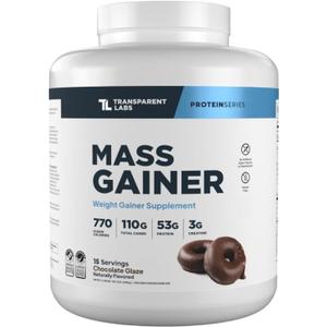 Transparent Labs Mass Gainer Protein Powder - Naturally Flavored Grass-Fed Whey w/ 53g Protein, 110g Carbs, High-Calorie Powder for Muscle Gain & Recovery, 3g Creatine - 15 Servings, Chocolate Glaze, BBD 04/2028