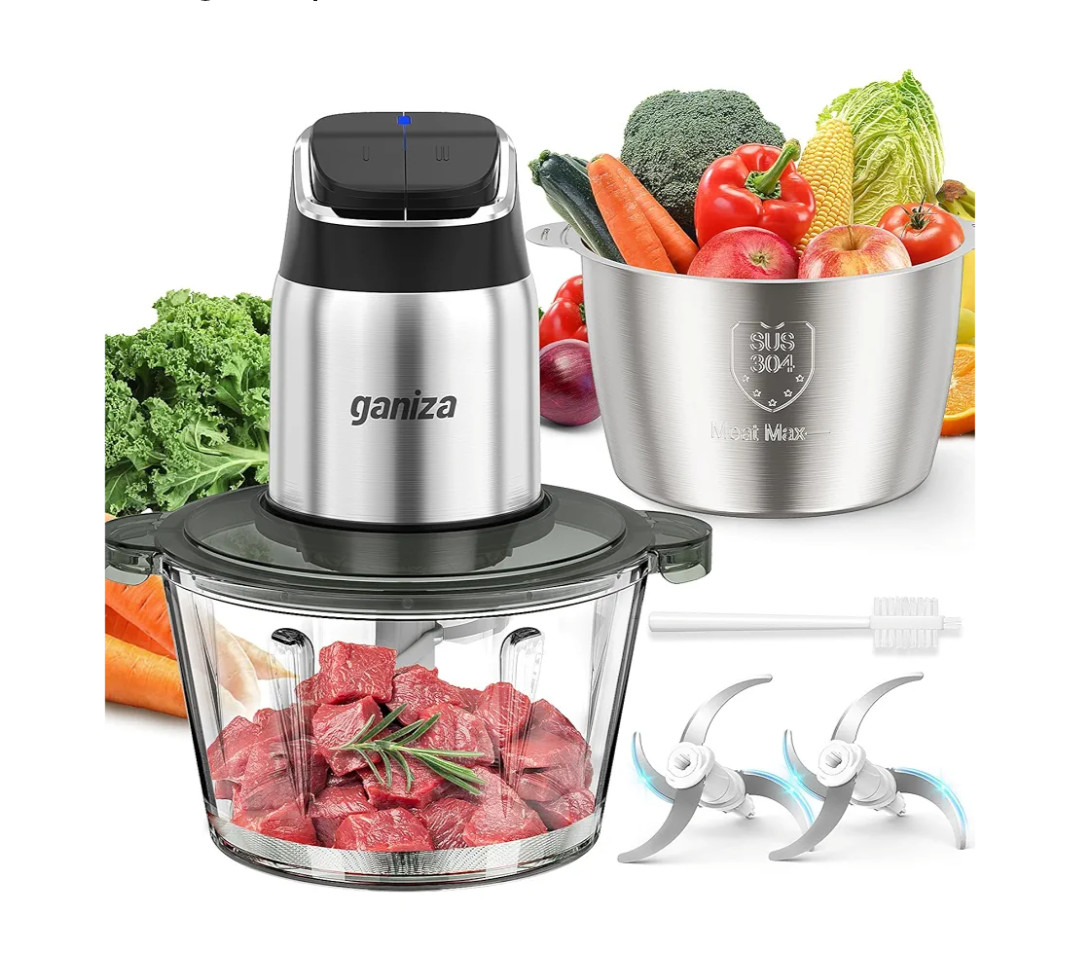 Ganiza Food Processor, 2-Speed Food Chopper Meat Grinder with 8 Cup Stainless Steel & 8 Cup Glass Bowls, Upgraded Button & Smart Overheat Protection Light - Includes Clean Brush, 2 Sets of Blades
