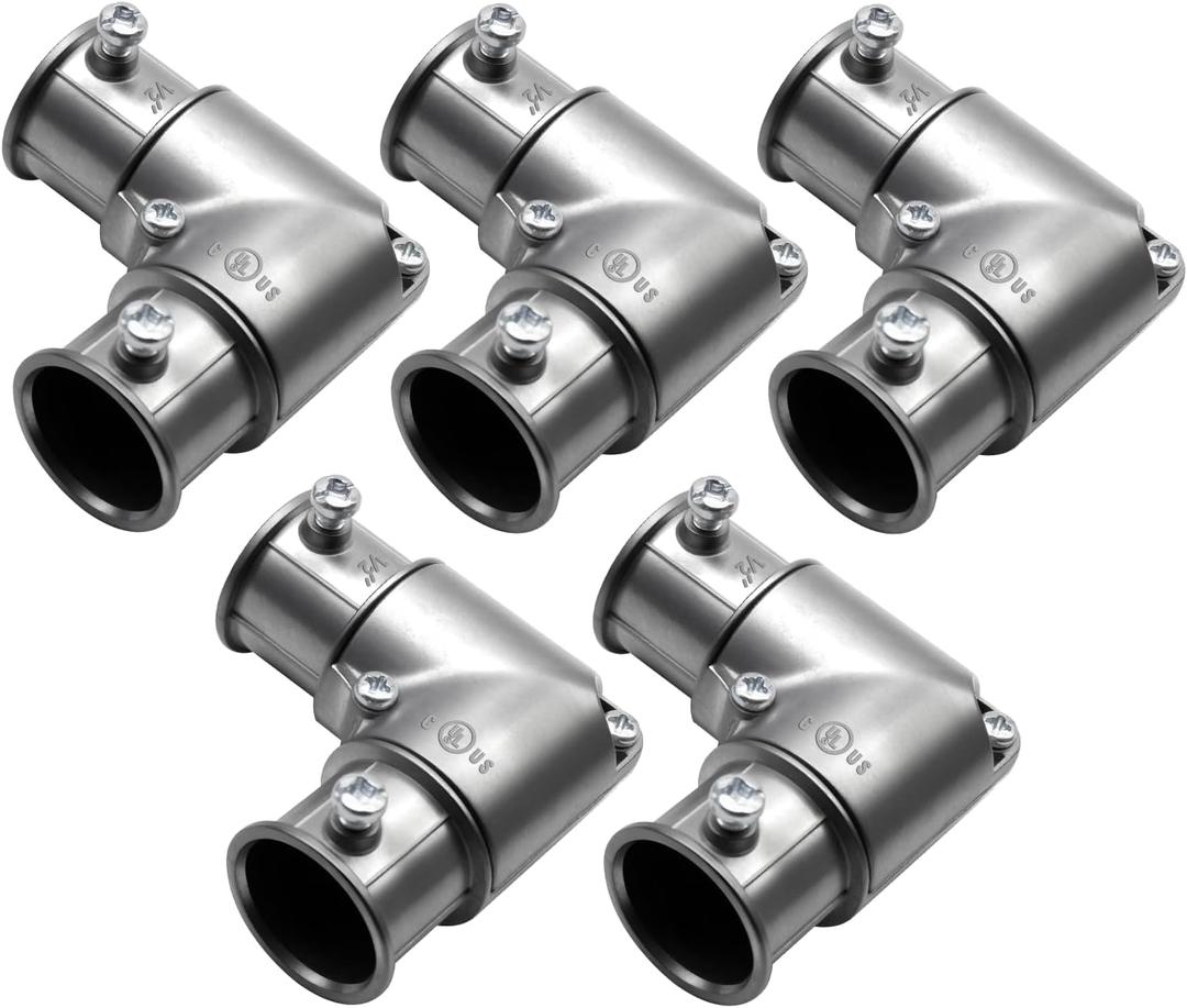 5 Pcs EMT Conduit Fittings Inside Corner Pull Elbow, EMT 90 Degree Metal Conduit Capped Corner Coupling, Combo Head Set Screw, Zinc Die Cast, Silver (1/2 Inch)