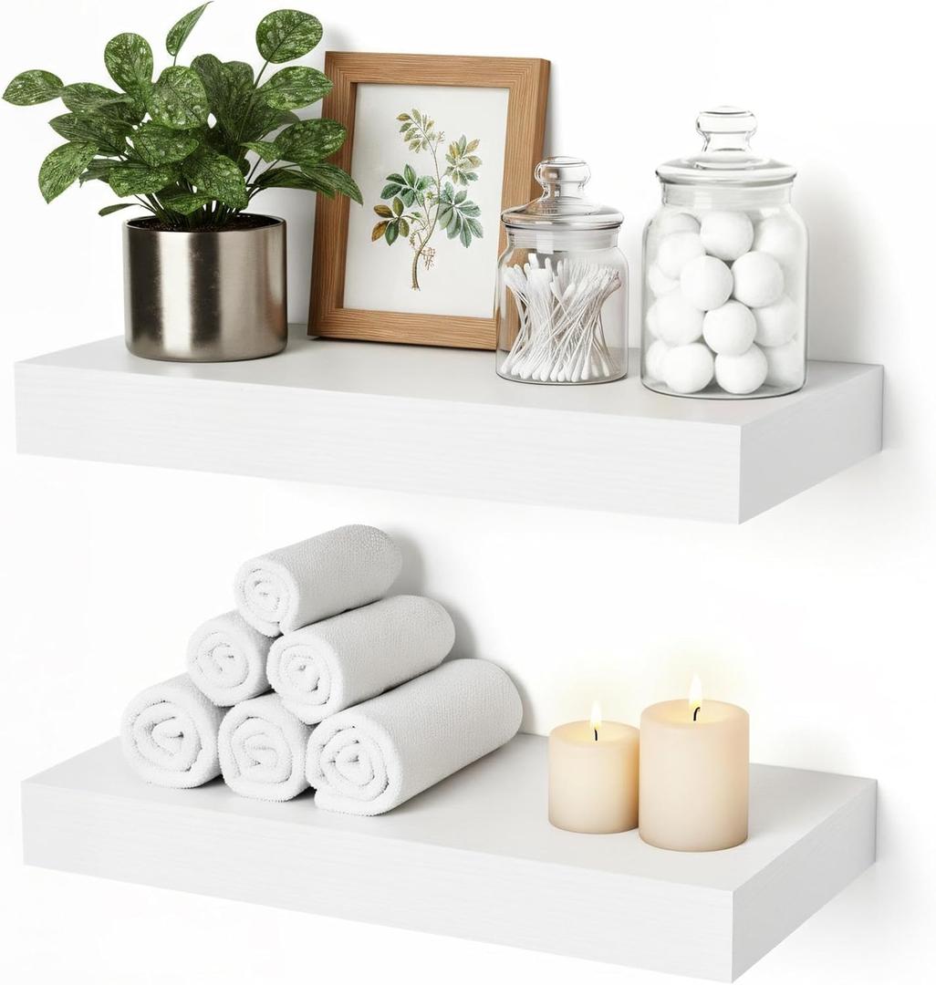Floating Shelves for Wall White Shelves Bathroom, Bedroom and Living Room, Wall Shelves & Book Shelf, Hanging Shelf, Modern Wooden Wall-Mounted Small Floating Shelf, 12x7x1.5 in, Set of 2