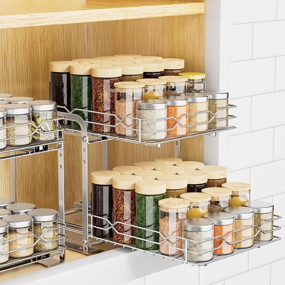 Pull Out Spice Rack Organizer for Inside Cabinet, 2 Tier Spice Rack Spice Organization for Cabinet 6 Height Adjustable, Seasoning Organizer, 9.2"W x 10.4"D x 9.8"H (Also for Cabinet with Lip)