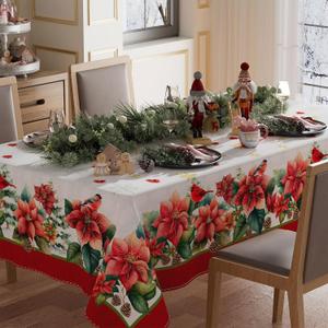 XCHI Poinsettia Cardinal Birds Winter Tablecloth Rectangle Christmas Table Cloth Washable Table Covers for Indoor Dining Home Party Xmas Decorations 60x84 Inch
