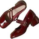 Stunner Women's Chunky Low Block Heels Dress Pumps Comfortable Closed Square Toe Mary Jane Pumps Wine Red 41(8.5)