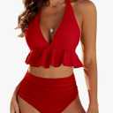 Edelqual Women High Waisted Bikini Sets Two Piece Swimsuit Ruffle Tummy Control Bathing Swim Suit Halter V Neck Swimwear M, Red