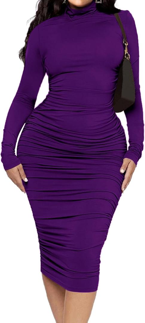 Ekaliy Women's Ruched Bodycon Midi Dress Mock Neck Long Sleeves Party Club Dresses (Dark Purple) Small
