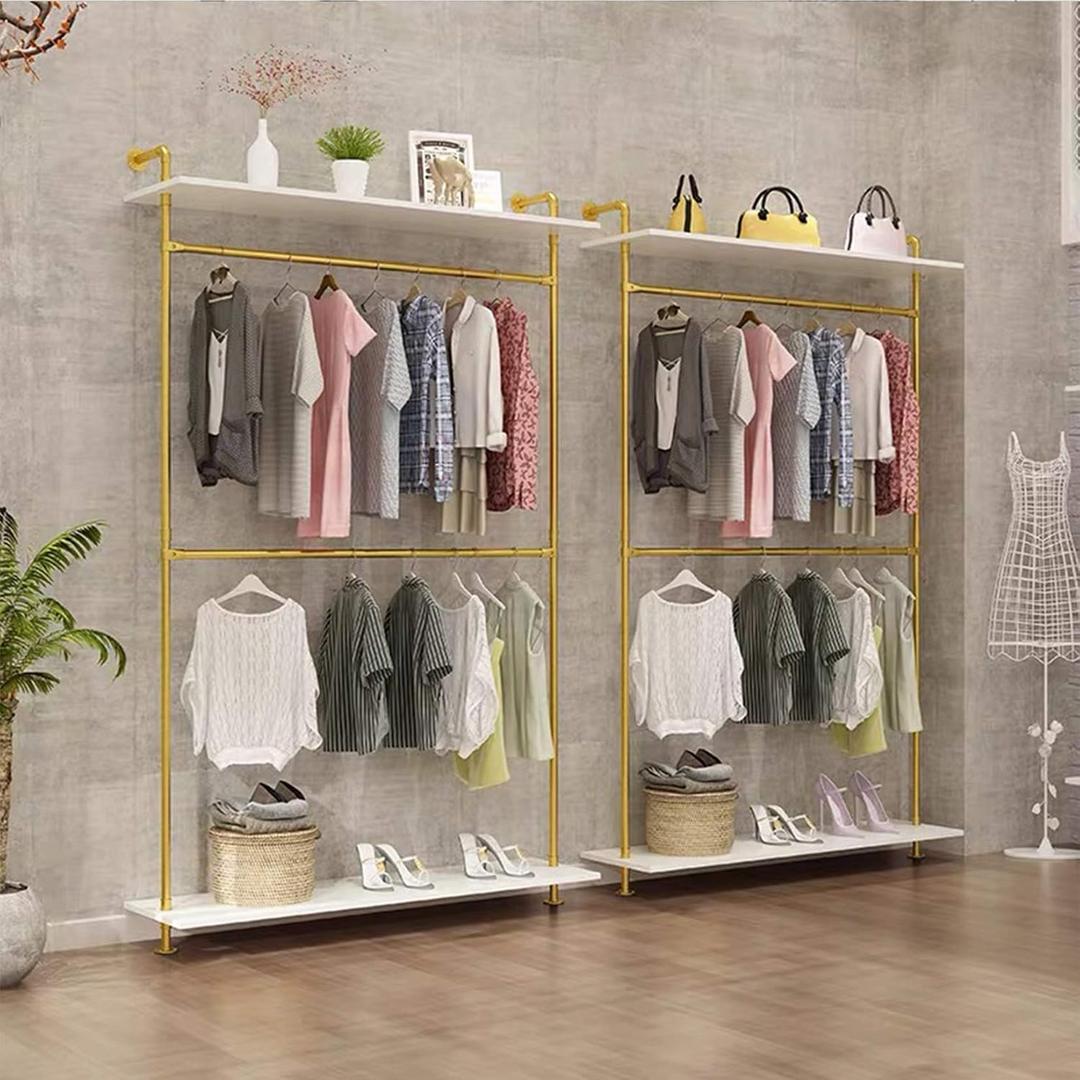 Industrial Clothing Store 2-Tier Pipe and Wood Garment Rack,Wall Mounted Storage Clothes Shoe Bag Hanging Shelves,Retail Shop Clothes Display Stands (Gold, One Pipe Shlef, 47.2" L)