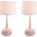 JONATHAN Y 28.5" Pink Glass Teardrop LED Table Lamp Set of 2 for Living Room Bedroom Nightstand, White Linen Shade Modern Transitional Bedside Desk Lamp JYL1079A-SET2