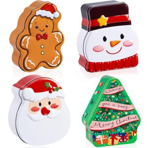 4 Christmas Cookie Tins with Lids Xmas Small Metal Containers Box Santa Clause Snowman Gingerbread Man Xmas Tree Tin Boxes Holiday Cookie Tins for Gift Giving Treats Card Holder (Classic)