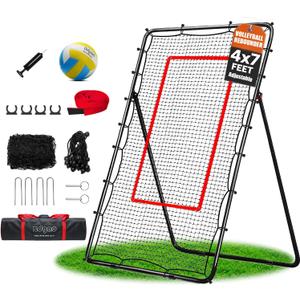 Volleyball Rebounder Net with Bungee Cords, Volleyball,Carry Bag and Neon Target, Adjustable Bounce Back Net for Practicing Volleying, Bumping, Spiking (4x7ft)