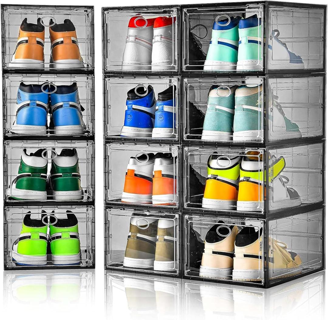 Amllas 12 Pack Shoe Boxes Stackable,Upgraded Sturdy Shoe Storage Boxes with Clear Magnetic Door,Multifunctional Sneaker Storage, Shoe Box Organizer Fit up to US Size 12 Gray(13.8x 9.84x 7.1)