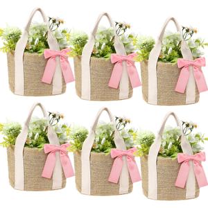 6 Pcs Burlap Tote Bags, Woven Straw Beach Bags for Bridesmaid Gifts, Bachelorette Favors, Wedding, Beach Party(White)(White, Pink), Medium