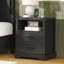 ChooChoo Farmhouse Night Stands with Charging Station, Wood Nightstand with 2 Drawers, Bedside Table with Open Storage Shelf for Bedroom, Black, 19.7 inches x 15.7 inches x 23.6 inches