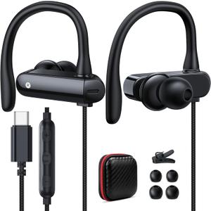 USB C Headphones Over Ear Hook Kids Sport Wired Earbuds with Loop Mic for Samsung S26 Ultra A16 A17 S25 FE S23 A36,in Ear Type C Earphones Running Headset for iPhone 17 Pro 17e 16 16e 15 Pixle 10a 9a