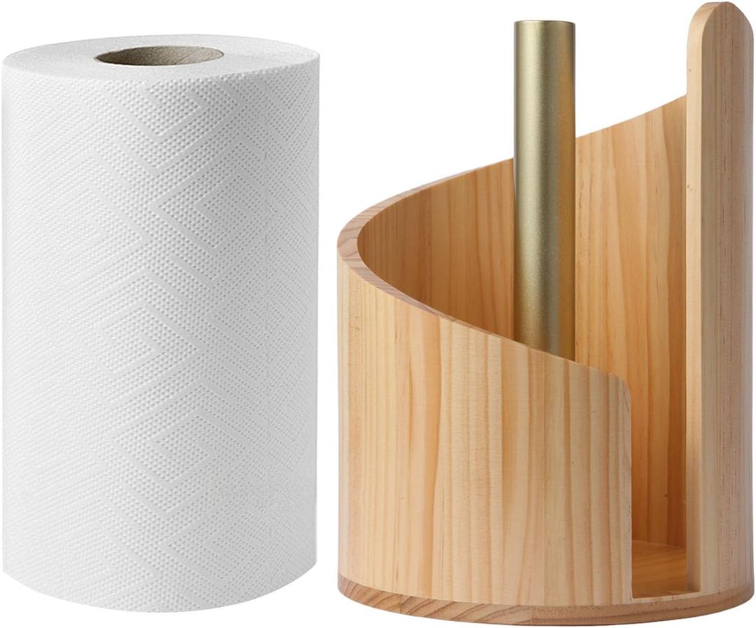 Paper Towel Holder Countertop with Wood Round Base and Iron Holder,Holds Mega Roll,Holder Stand for Kitchen Roll Organize,Wooden Paper Towel Holder for Kitchen Dining Table Home Decor