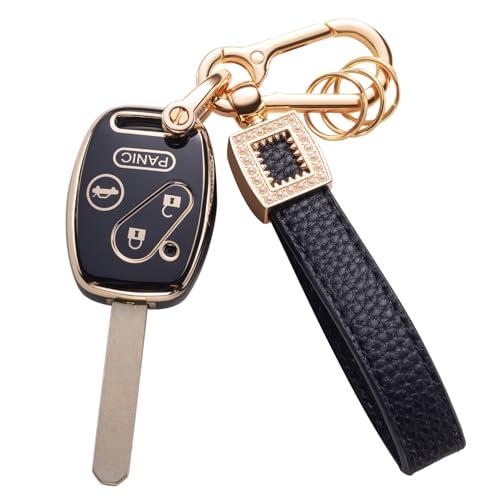 CACARLIKE for Honda Key Fob Cover with Leather Lanyard, Car Key Fob Case Compatible with Accord Civic EX Pilot CR-V Smart Key Protector Holder