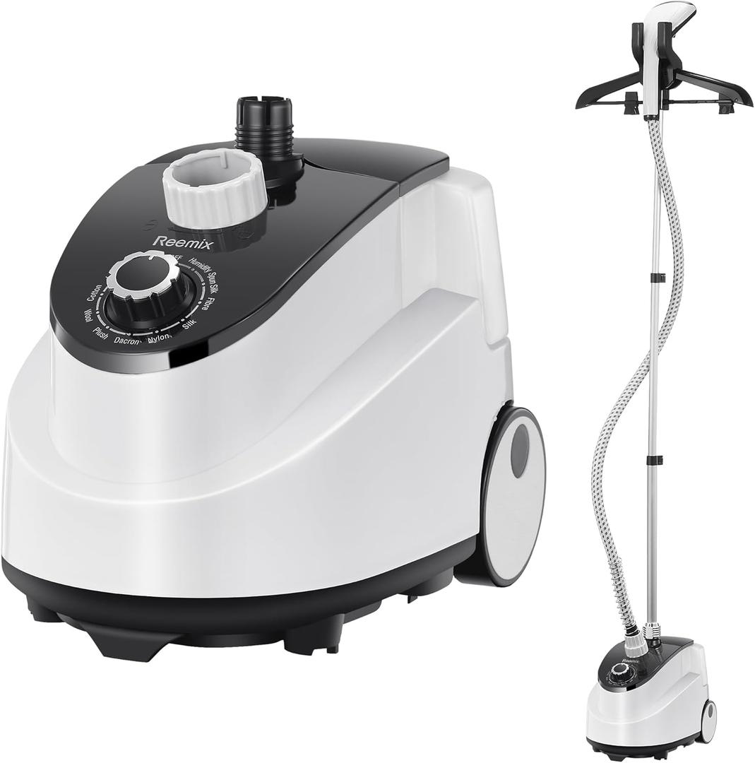 Professional Steamer for Clothes, Reemix Standing Steamer with Garment Hanger, Heats in 30 Seconds, Large Detachable Water Tank for 1 Hour Continuous Steaming, Includes Fabric Brush, Easy-roll Wheels