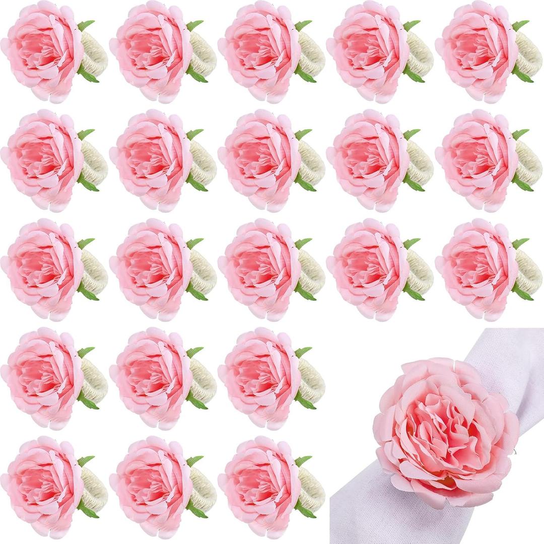 Yunsailing 24 Pcs Flower Napkin Rings Peony Floral Handmade Napkin Holder Rings Handicraft Holder for Table Decorations Wedding Holiday Banquet Luncheons Birthday Party Picnics Supplies (Pink)