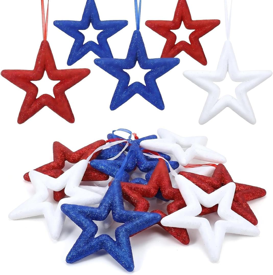 Roowest 12 Pcs Large 4th of July Ornaments Patriotic Tree Ornaments Red White Blue Hanging Glitter Stars 5.9 Inch DIY 250th Anniversy Decor for Independence Day American Party Decor