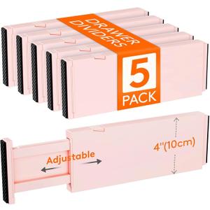 Lifewit 5 Pack Drawer Dividers 4" High, 11-17" Adjustable Dresser Drawer Organizers for Clothes, Expandable Dresser Separators in Bedroom/Bathroom/Kitchen/Vanity/Office Organization and Storage, Pink