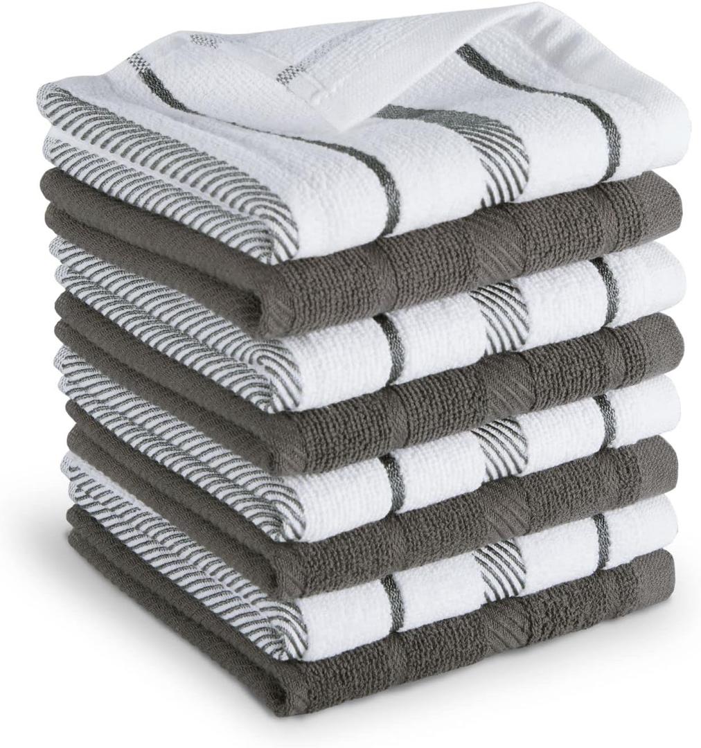 KitchenAid Albany Dishcloth 8 Pack Set, Charcoal Grey/White, 12"x12" (Small)