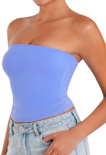 Sunzel Women’s Strapless Sexy Tube Top Double Lined Sleeveless Crop Top Summer Basic Bandeau Tops for Layering or Going Out (XS, blue)