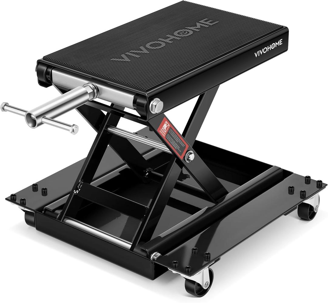 VIVOHOME 1100 Lbs Motorcycle Lift Jack, Steel Wide Deck ATV Scissor Lift with Dolly Wheels & Hand Crank, Bike Garage Repair Hoist Stand for Maintenance, Black