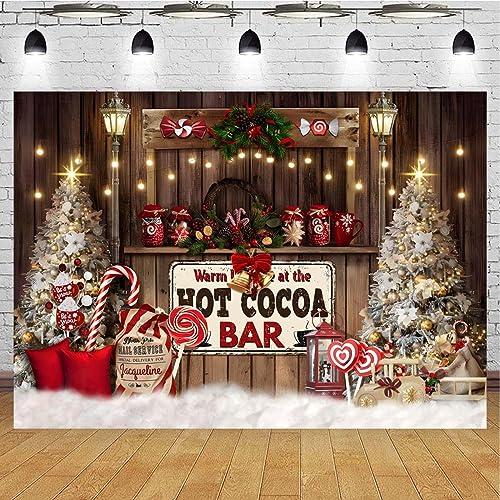 Christmas Hot Cocoa Backdrop for Photography - Candy Shop Scepter & Tree Decor Background - Winter Xmas Party Decoration, 6x4ft