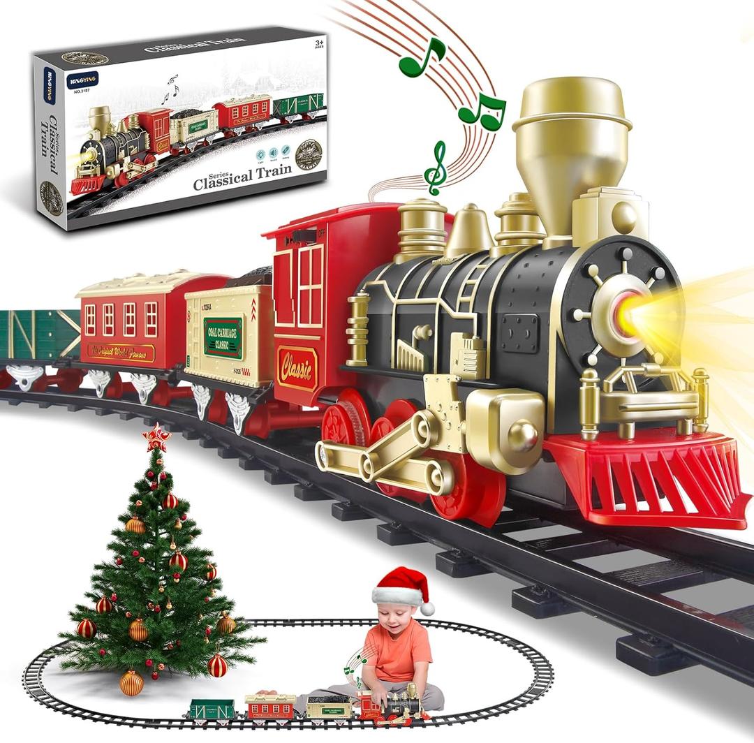 Electric Christmas Train Set w/Lights and Sounds, Kids Train for Christmas Tree with 3 Cars & 10 Train Tracks, Toddler Model Train for 3 4 5 6 7 8+ Years Old Boys Christmas Train Toys Gifts