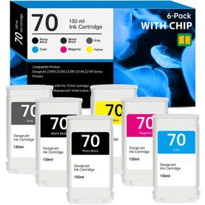 70 Ink Cartridges 130-ml with New Chip Replacement for HP 70 Ink Cartridges C9448A C9449A C9450A C9452A C9453A C9454A for DesignJet Z5400 Z5200 Z3200 Z3100 Z2100 Large Format Printers, 6 Pack