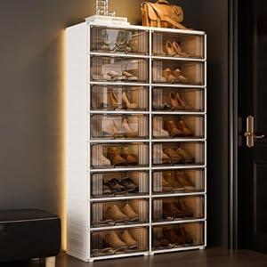 MAGINELS Shoe Storage Cabinet with Doors, Large Foldable Shoe Rack for Entryway and Closet, Clear Stackable Shoe Box Organizer, Portable Enclosed Shoe Shelf for Sneakers and Boots, 8Tier