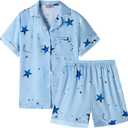 Veseacky Satin Pajama Sets for Girls Silk Button Down PJ Set Silk Sleepwear Birthday Pajamas Gift (Blue Star,size 10)