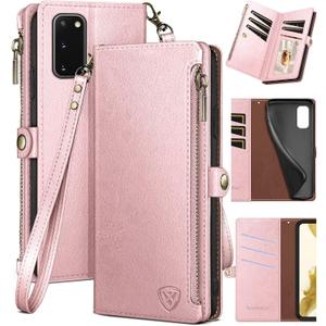 XcaseBar for Samsung Galaxy S20 Wallet case with Zipper Credit Card HolderRFID Blocking, Flip Folio Book PU Leather Phone case Shockproof Cover Women Men for Samsung S20 case Rose Gold
