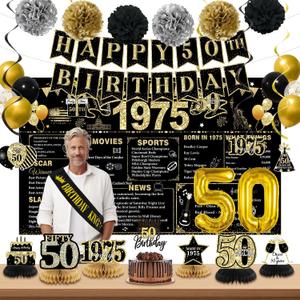 50th Birthday Decorations Men, Black Gold Back In 1975 Birthday Banner Decorations, Vintage 50th Birthday Table Decorations, Cake Topper, Balloons, Backdrop, Sash Party Supplies for Men