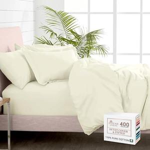 Pizuna 100% Cotton King 3 Pc Duvet Cover + 1 Pc Fitted Sheet Set 400 Thread Count Off White Sateen Weave Luxurious Long Staple Cotton 4 Piece Bedding Set -1 Duvet Cover, 2 Pillow Shams, 1 Fitted Sheet