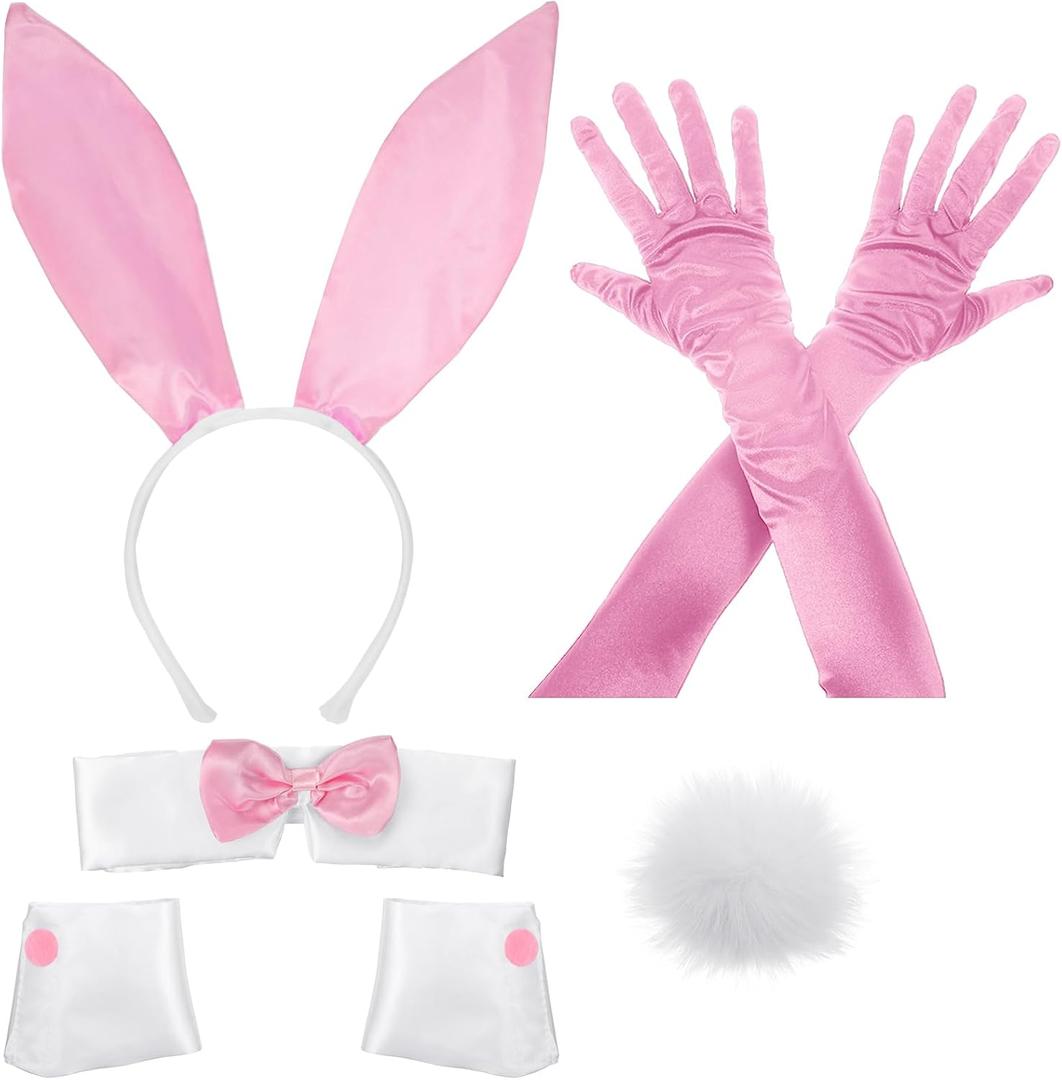 Zhanmai Bunny Costume Set - Including Ear Headband, Cuffs and Tail Accessory for Easter Party (Pink)