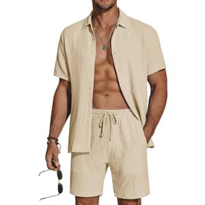 COOFANDY Men's 2 Piece Textured Outfits Beach Button Down Short Sleeve Shirt and Short Sets (Large)