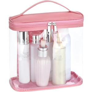Heavy Duty Leak Proof Clear Travel Bags for Toiletries, Transparent Makeup Cosmetic Bag with Zipper and Handle (Large, 1PCS Pink) 