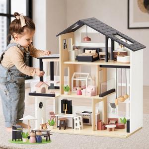 Tiny Land Wooden Doll House, Modern Family Dollhouse with Realistic Design, One Size