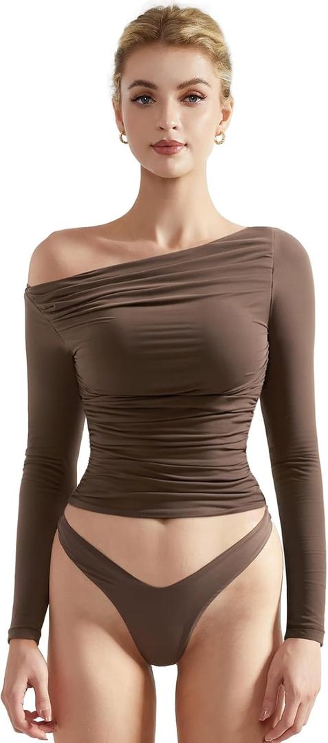 SUUKSESS Women Off Shoulder Long Sleeve Shirts Double Lined Fitted Crop Tops (Large, Brown)