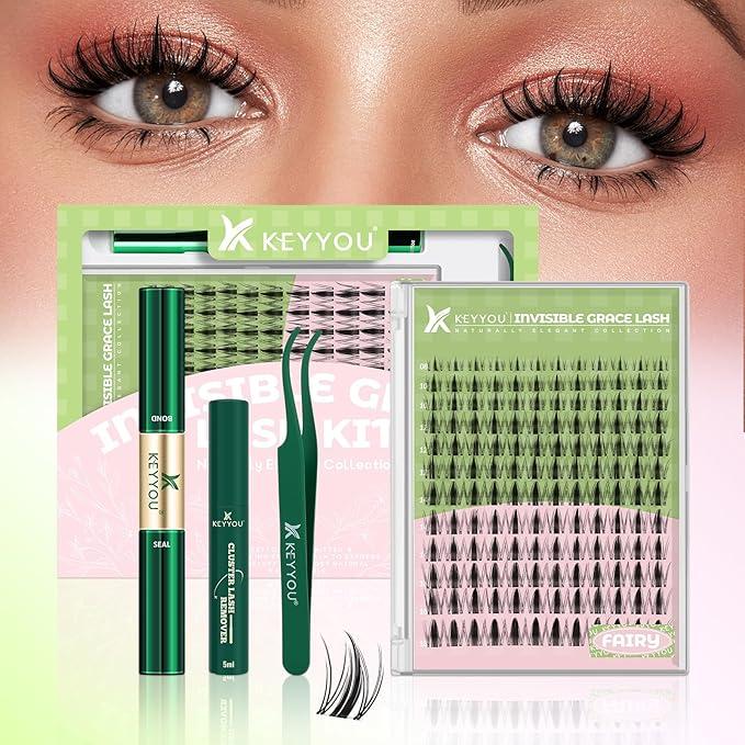 KEYYOU Fairy Lash Clusters Kit, Manga Eyelash Extension Kit at Home, 144pcs D Curl Wispy Natural Invisible Band Lash with Waterproof Lash Extensions Kit (FairyD818MIX)