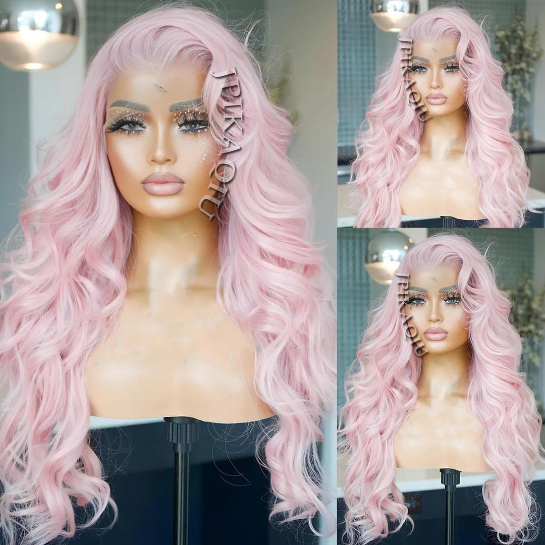 24 Inch Ice Pink Hair Synthetic Lace Front Wigs Pre Plucked Light Pink Colored Lace Front Wig Natural Hairline Heat Resistant Long Body Wave Hair Wigs for Women