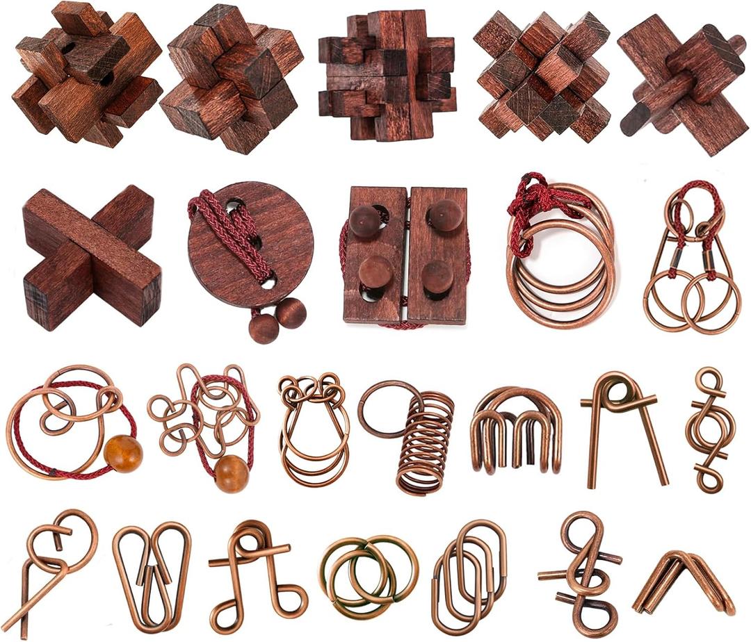 24 Pcs Brain Teaser Puzzles for Adults - Metal & Wooden 3D IQ Test Logic Game, Unlock Interlocking Brain Puzzle Toys for Teens Kids, Smart Educational Desk Toy for Mind Challenges