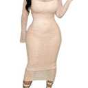 CALEBGAR Women's Elegant Bodycon Midi Dress Lace Sheer Mesh Long Sleeve Slim Fit Long Dress Party Cocktail Wedding Guest Dress Beige Medium
