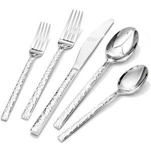 KINGSTONE 60 Piece Hammered Silverware Set, 18/10 Stainless Steel Flatware Set for 12, Cutlery Set for Home, Party, Wedding, Mirror Polished Dishwasher Safe